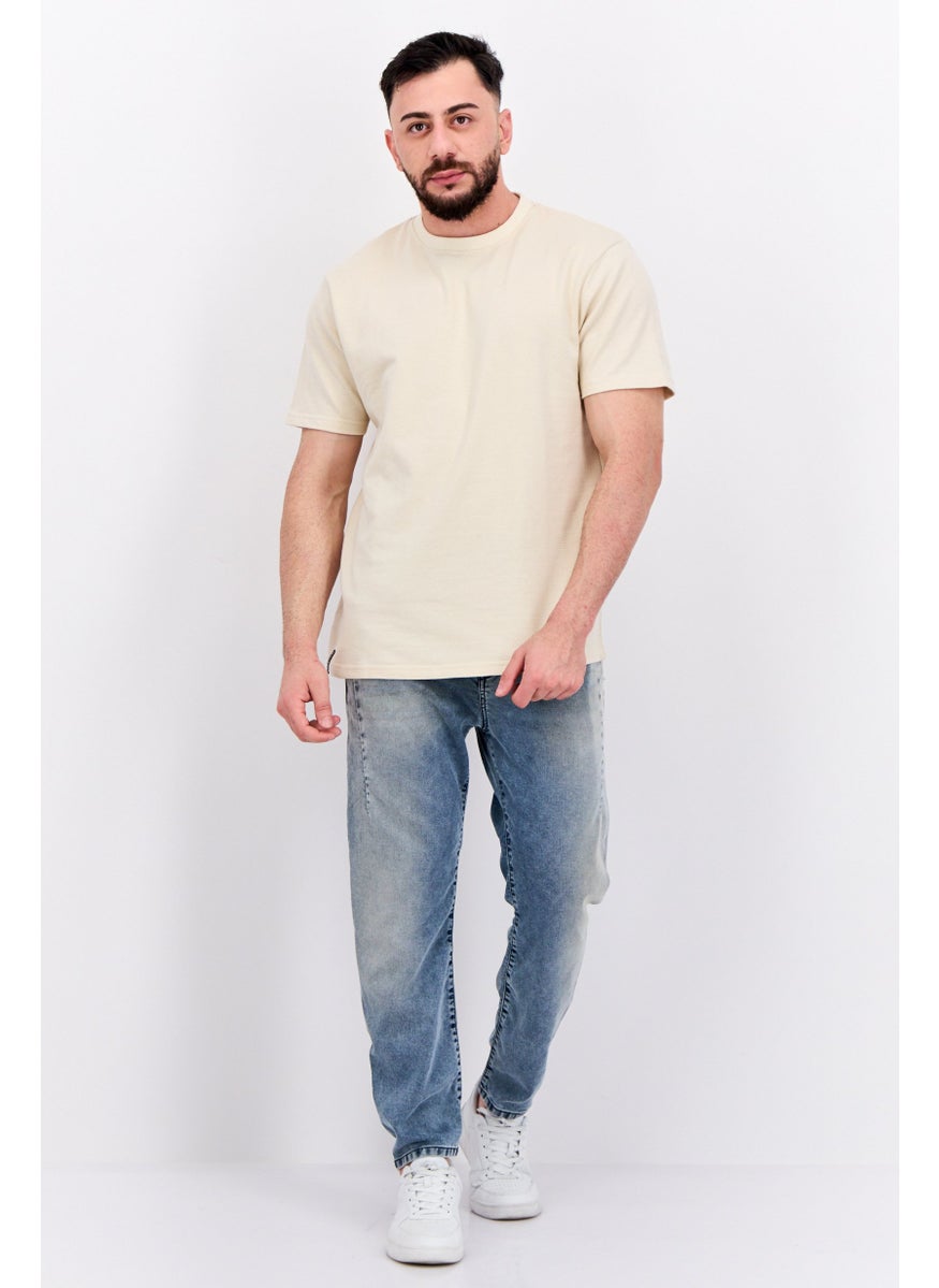 Threadbare Men Crew Neck Short Sleeves Textured Lesley T-Shirt, Beige  - Image 3