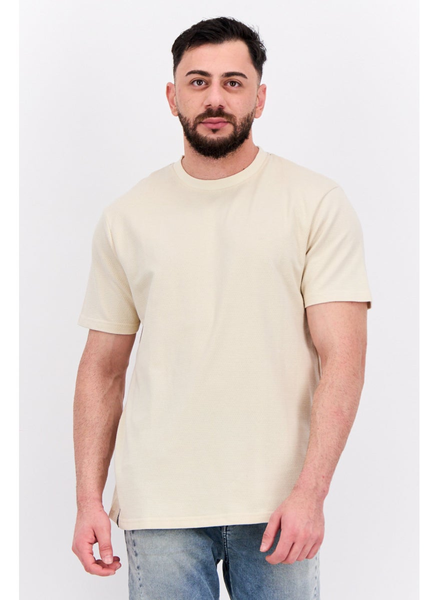 Threadbare Men Crew Neck Short Sleeves Textured Lesley T-Shirt, Beige  - Image 1