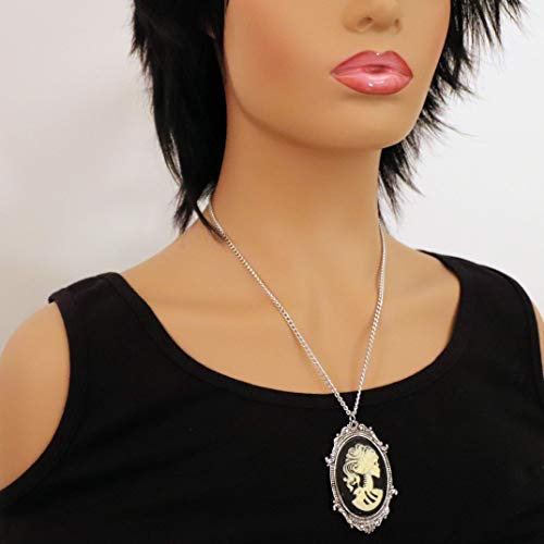 Real Metal Gothic Lolita Skull Cameo in Pewter Frame Pendant Necklace - Image 2