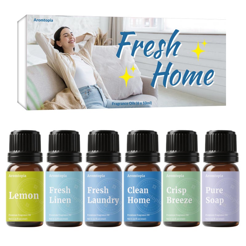 AROMTOPIA Diffuser Fragrance Oils, Aromtopia Essential Oils for Diffusers for Home, 6x10ml Fresh Home Set, Clean Scents for Candle Soap Making, Dryer Ball, Fresh Linen, Fresh Laundry, Crisp Breeze, Lemon - Image 1