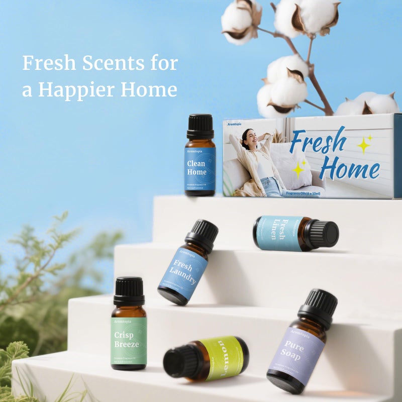 AROMTOPIA Diffuser Fragrance Oils, Aromtopia Essential Oils for Diffusers for Home, 6x10ml Fresh Home Set, Clean Scents for Candle Soap Making, Dryer Ball, Fresh Linen, Fresh Laundry, Crisp Breeze, Lemon - Image 2