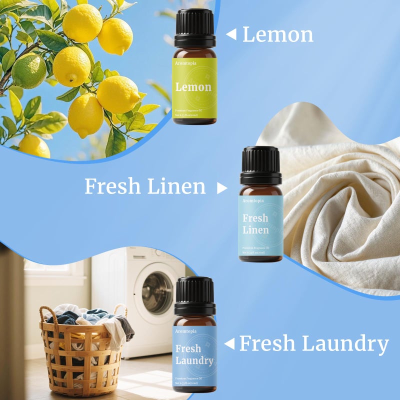 AROMTOPIA Diffuser Fragrance Oils, Aromtopia Essential Oils for Diffusers for Home, 6x10ml Fresh Home Set, Clean Scents for Candle Soap Making, Dryer Ball, Fresh Linen, Fresh Laundry, Crisp Breeze, Lemon - Image 3