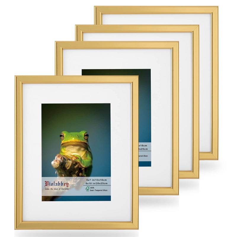 VIOLABBEY 8x10 Picture Frames Set of 4 Fits 5x7 Pictures with Ivory Mat or 8x10 Without Mat Vertical or Horizontal for Wall or Tabletop Display Semi Tempered Glass Light Gold