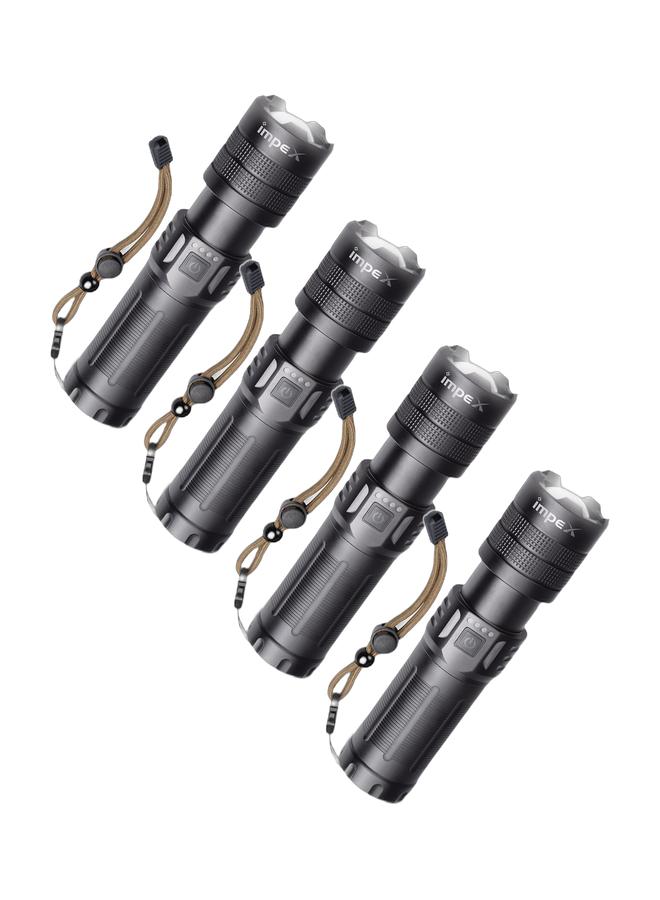 إمبكس 4 pcs كشاف LED قابل لإعادة الشحن مع وظيفة التكبير، فلاش ليزر 20 واط، 1000 لومين، تركيز قابل للتعديل، بطارية 6600 ملي أمبير، منفذ شحن Type-C، هيكل من الألمنيوم المقاوم للتآكل، ضمان سنتين، Hunter Z4 – أسود - Image 1