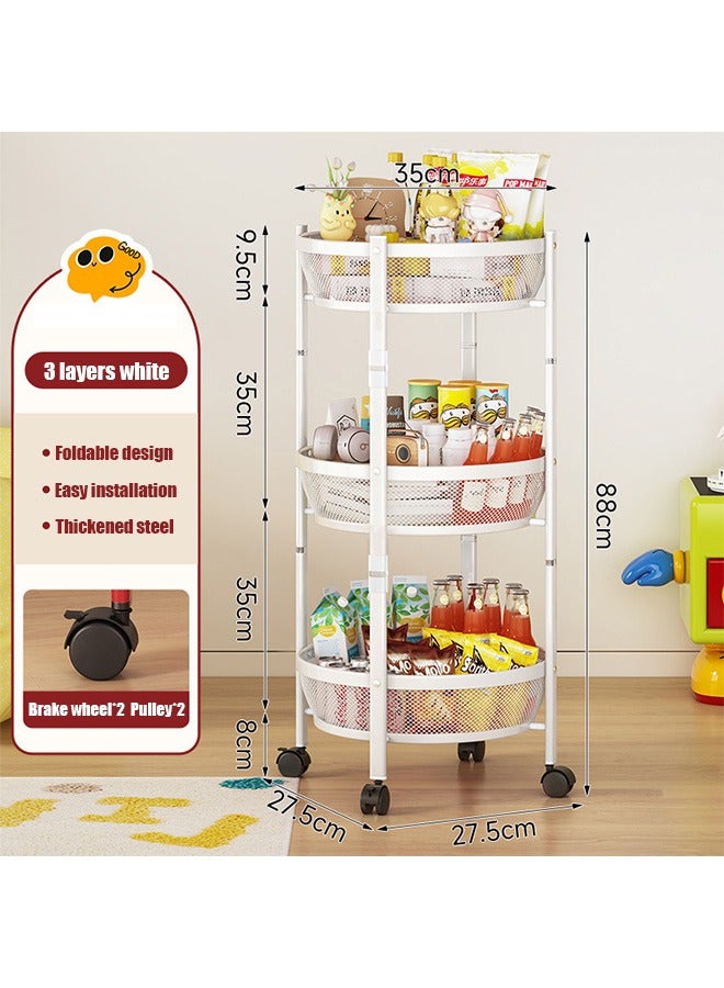 Multifunctional Storage Rack, Fruit And Vegetable Snack Storage Trolley, 360° Rotating Movable, Large-Capacity Foldable, Assembly-Free, Household 3-Layer Storage Basket, White - Image 2