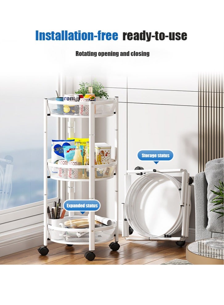 Multifunctional Storage Rack, Fruit And Vegetable Snack Storage Trolley, 360° Rotating Movable, Large-Capacity Foldable, Assembly-Free, Household 3-Layer Storage Basket, White - Image 3