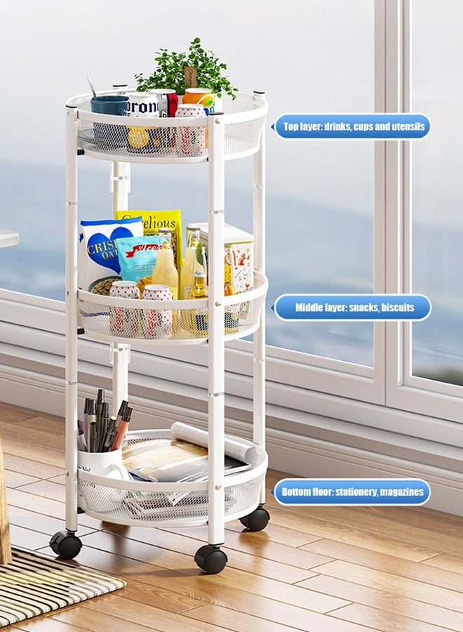 Multifunctional Storage Rack, Fruit And Vegetable Snack Storage Trolley, 360° Rotating Movable, Large-Capacity Foldable, Assembly-Free, Household 3-Layer Storage Basket, White - Image 4