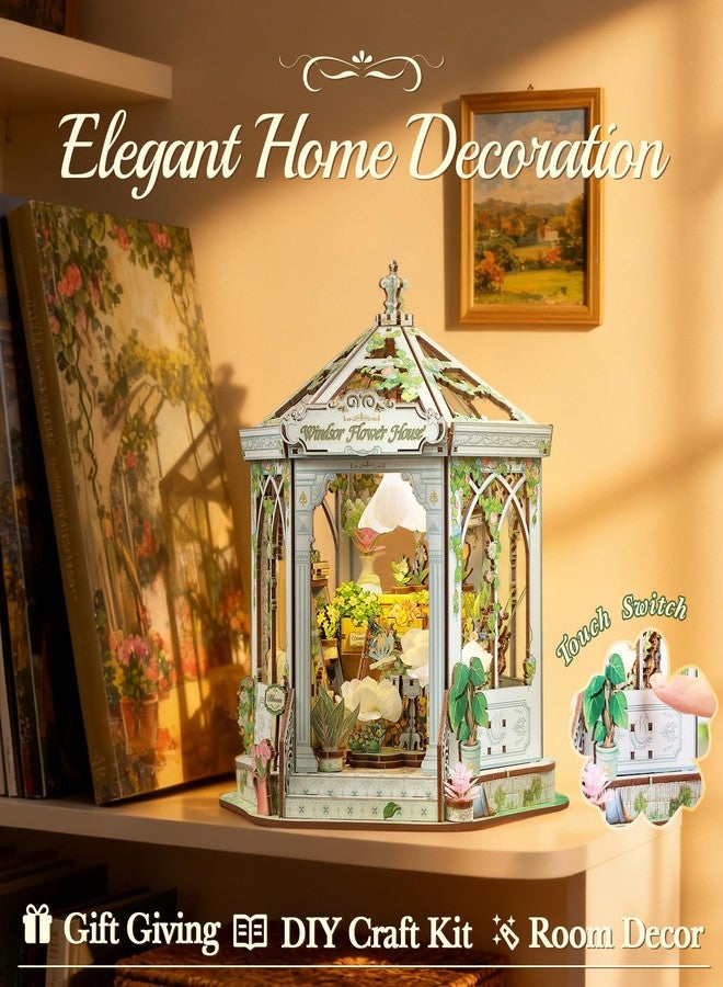 كيوت بي مجموعة ركن الكتب من كيوتبي - بيت الزهور، بيت الدمى المصغر، مجموعة بناء نموذج أحجية خشبية ثلاثية الأبعاد، ديكور غرفة رف الكتب، هدايا حرفية يدوية للبالغين والمراهقين من سن 14 عامًا فما فوق (بيت زهور وندسور) - Image 3