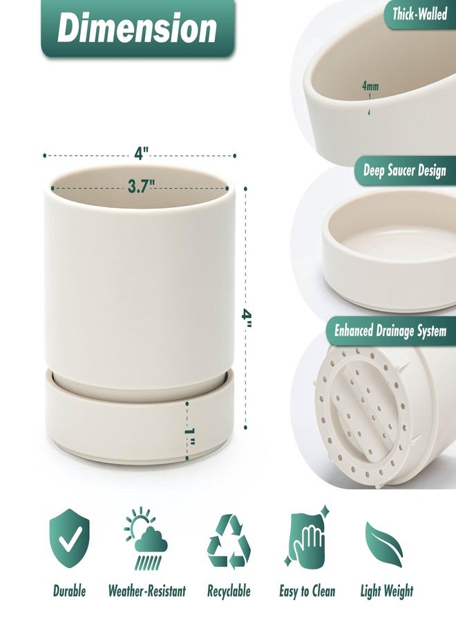 Phoenix Vine 4 Inch Planter Pot with Drainage Hole & Saucer, Deep Water Catch Tray, Straight Cylindrical Round Pot for Plants, Oatmeal, Pack of 1, 23-E-R-1 - Image 3