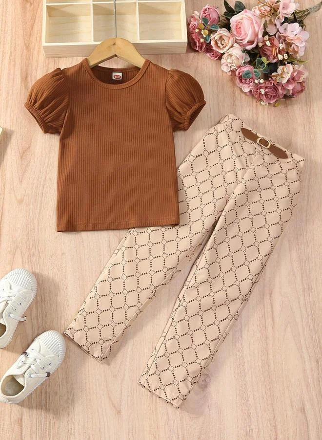 Take Two Take Two Texture Puff Sleeve Top with Checked Pants Set