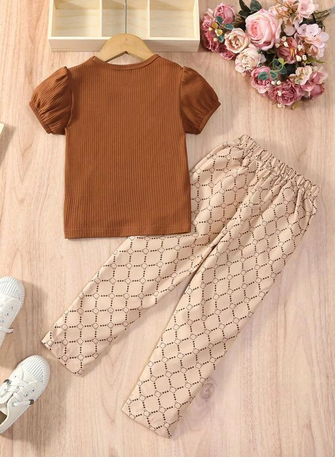 Take Two Take Two Texture Puff Sleeve Top with Checked Pants Set