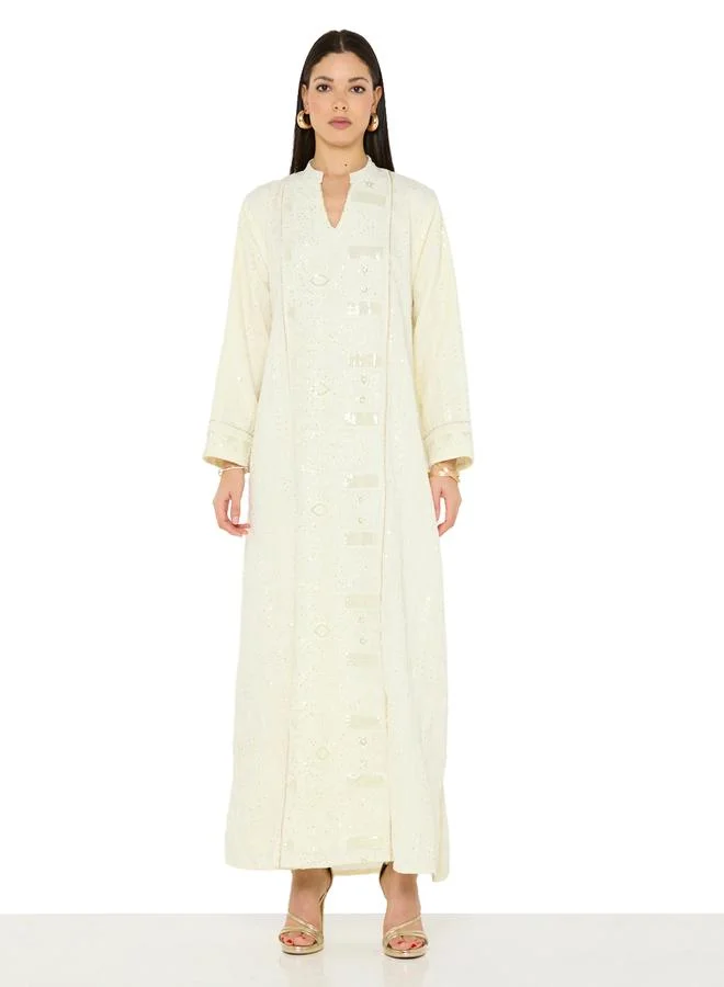 Thouq Cream A-Line Maxi Jalabiya with Intricate Embroidery