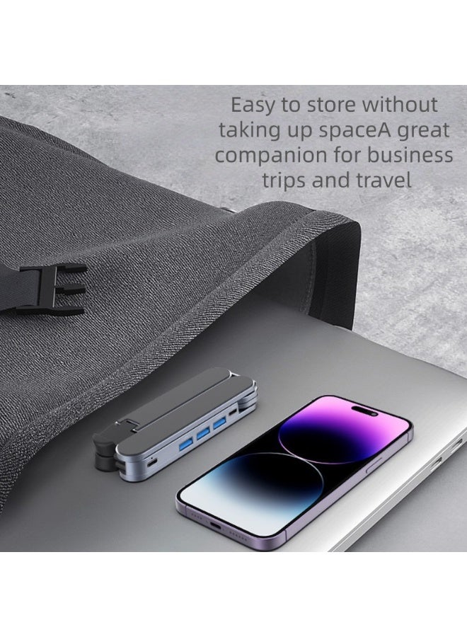 PINDOWS Laptop with 4-port hub foldable computer stand, aluminum alloy adjustable height laptop stand with ergonomic eye-level alignment, compatible with 10-17 inch laptops - Image 4