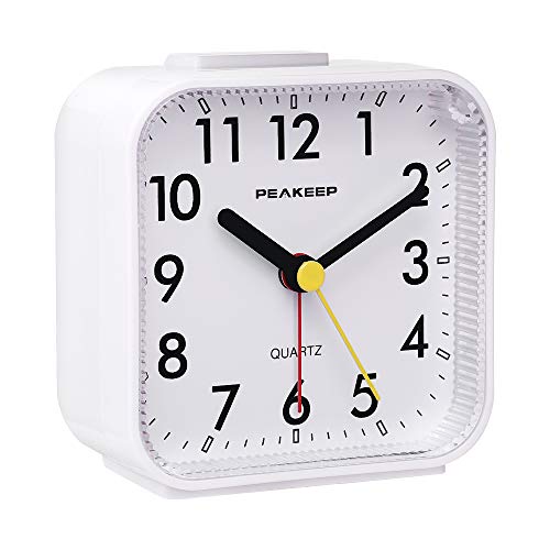 Peakeep Small Battery Operated Analog Travel Alarm Clock Silent No Ticking, Lighted on Demand and Snooze, Beep Sounds, Gentle Wake, Ascending Alarm, Easy Set (White) - Image 2