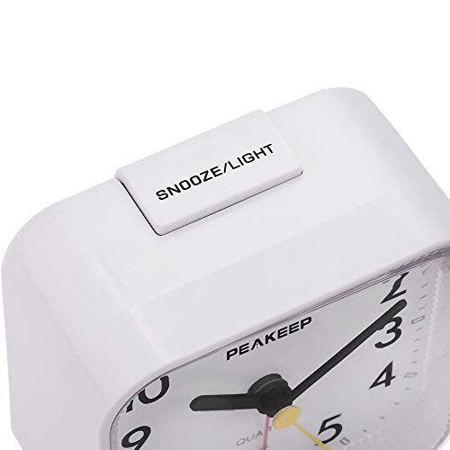 Peakeep Small Battery Operated Analog Travel Alarm Clock Silent No Ticking, Lighted on Demand and Snooze, Beep Sounds, Gentle Wake, Ascending Alarm, Easy Set (White) - Image 3