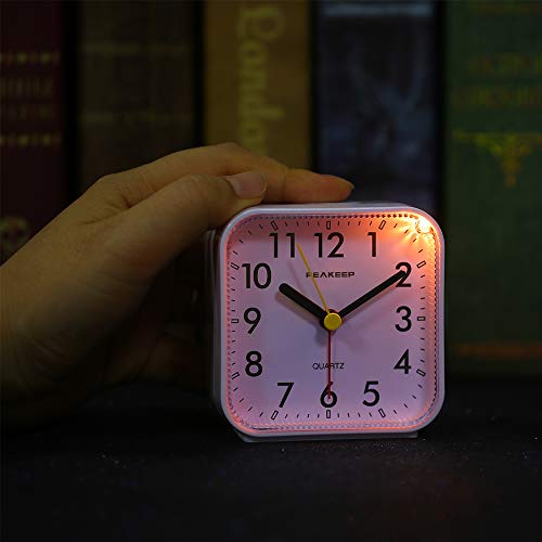 Peakeep Small Battery Operated Analog Travel Alarm Clock Silent No Ticking, Lighted on Demand and Snooze, Beep Sounds, Gentle Wake, Ascending Alarm, Easy Set (White) - Image 5