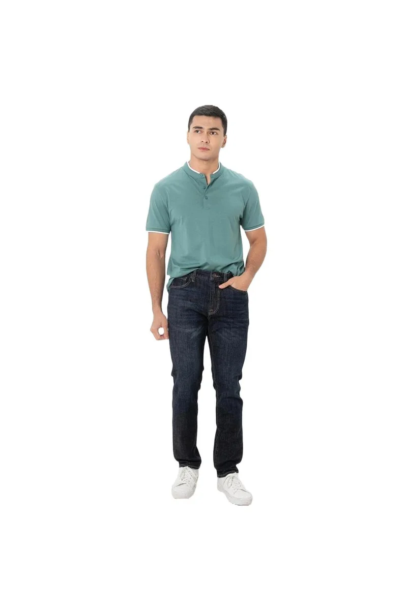 GIORDANO Men's Green Slim Fit Cotton Henley Tee