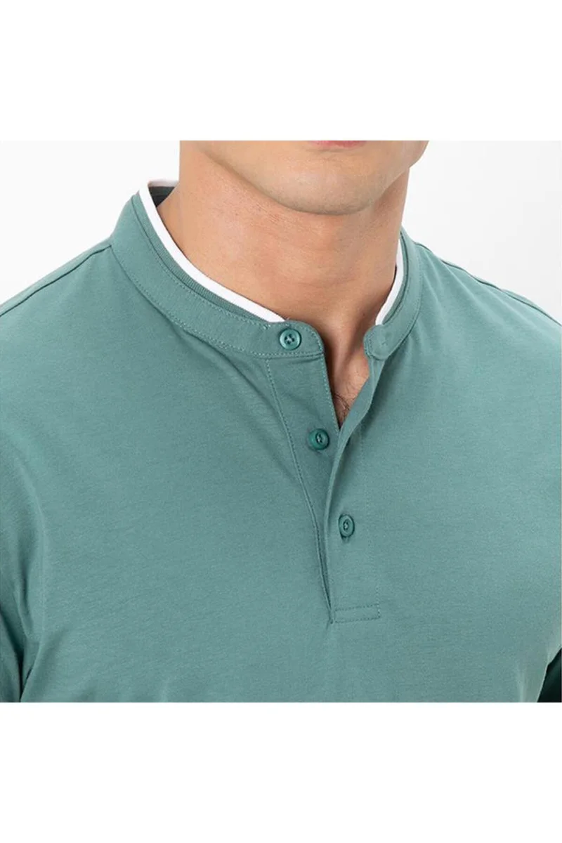 GIORDANO Men's Green Slim Fit Cotton Henley Tee