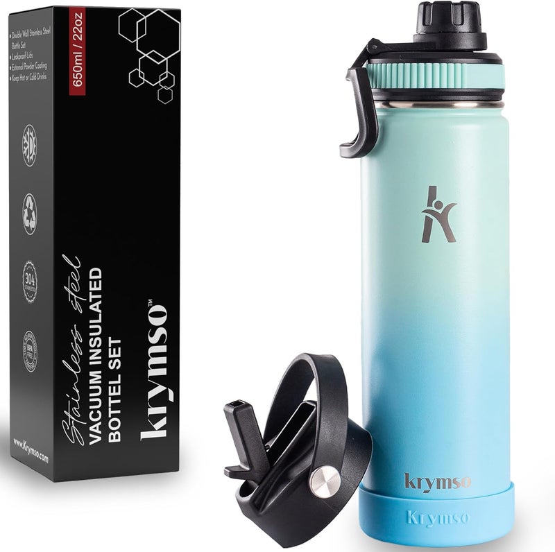 KRYMSO Stainless Steel Water Bottle 650ml – Insulated Sports Flask for Hot & Cold Drinks – Leakproof, Durable, BPA-Free – Ideal for Gym, Travel, Hiking (Aqua Sky) - Image 1