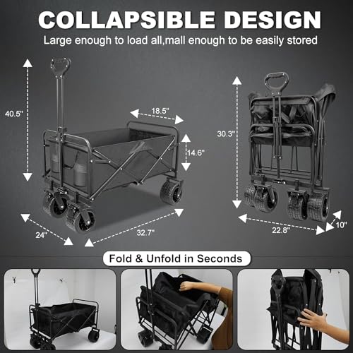 VBM Heavy Duty Collapsible Wagon with All-Terrain 10cm Wheels,Load 330Lbs,Portable 150 Liter Large Capacity Beach Wagon,for Garden Outdoor Camping Beach Sports,Grocery Cart, Adjustable Handle (Big) - Image 5