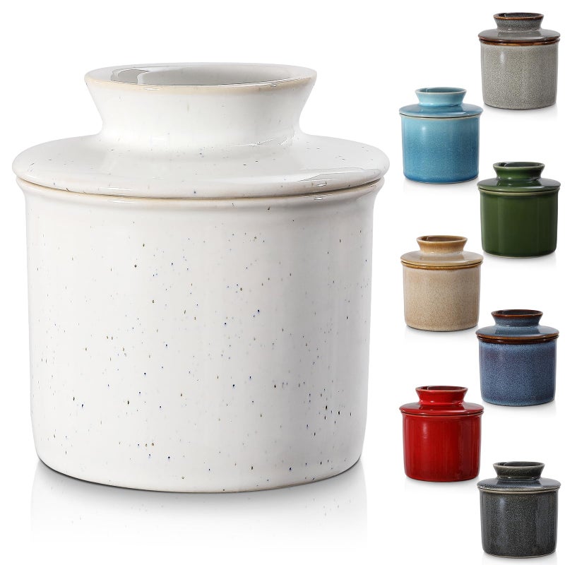 YDSluock White Speckled French Butter DishHandmade Reactive Glaze Ceramic Butter Crock with Water Line for Speradable Fresh Butter - Image 2