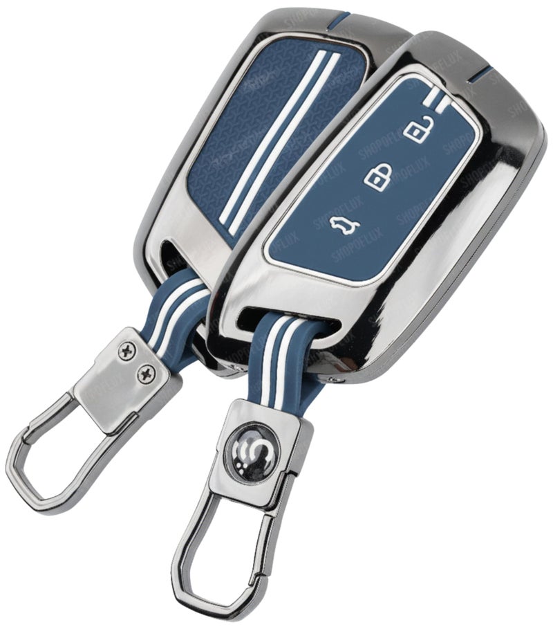 SHOPOFLUX Metal Car Key Cover Compatible for MG Hector | Windsor EV 3 Button Smart Key (Metal Blue Silicone) - Image 1