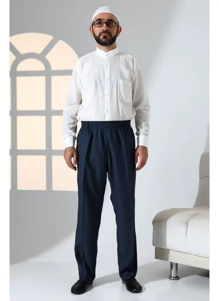 İhvan Online Men's Casual Cut Elastic Waist Pocket Hajj and Umrah Fabric Shalwar Trousers - Navy Blue (Isr)
