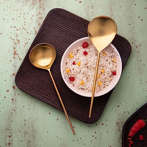 Ellementry Aura Gold Serving Set of Two| Serving Spoon Set for Home and Restaurant| Stainless Steel |Food Grade Dinnerware & Tableware Set | Ladle Set for Serving Rice/Pasta/Subzi/Curry/Food - Image 1