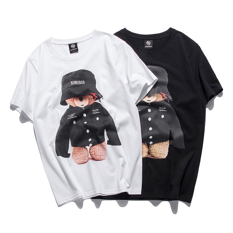 Japanese Fashion High Street Fashion Brand Men'S Round Neck Short Sleeve Cartoon Bear Printed Cotton Loose Couple T-Shirt - Image 2