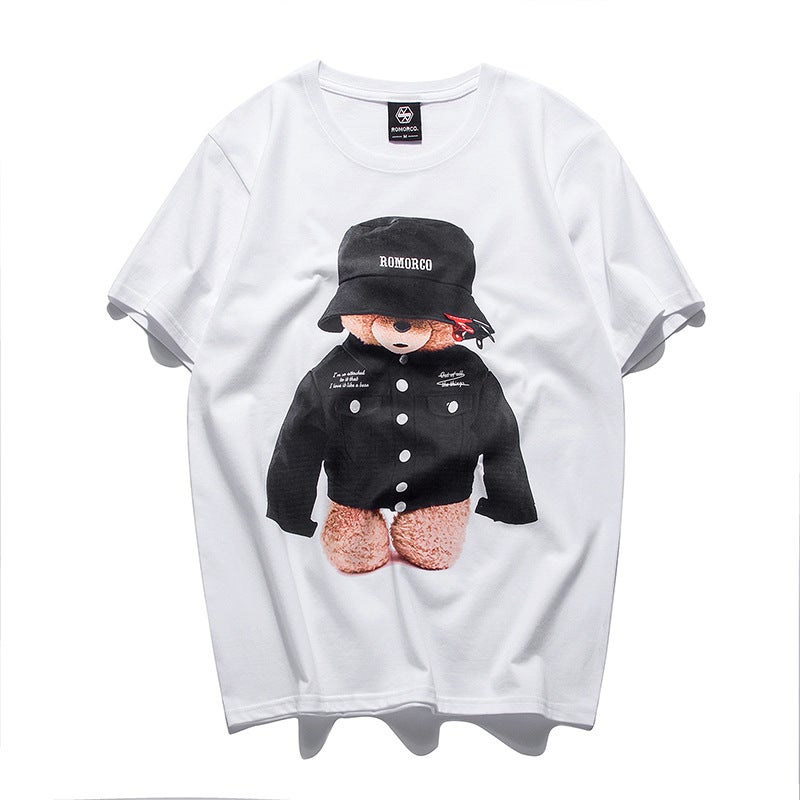 Japanese Fashion High Street Fashion Brand Men'S Round Neck Short Sleeve Cartoon Bear Printed Cotton Loose Couple T-Shirt - Image 5