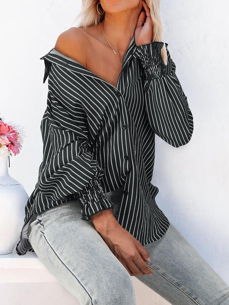 Gleeivy Women's Button Down Striped Tunic Blouse Puff Long Sleeve Oversized Boyfriend Shirt V Neck High Low Hem Collar Dressy Business Casual Fashion Fit Perfect for Work Outfits Black Striped Large - Image 4