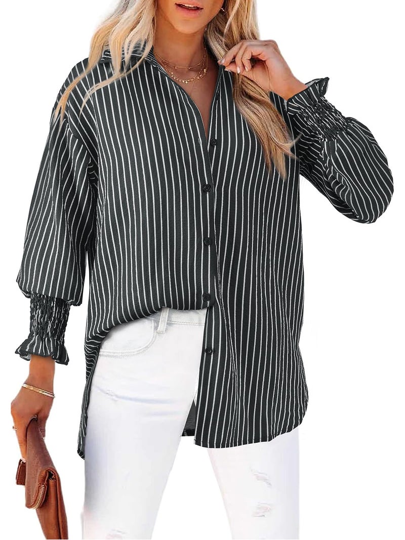 Gleeivy Women's Button Down Striped Tunic Blouse Puff Long Sleeve Oversized Boyfriend Shirt V Neck High Low Hem Collar Dressy Business Casual Fashion Fit Perfect for Work Outfits Black Striped Large - Image 1