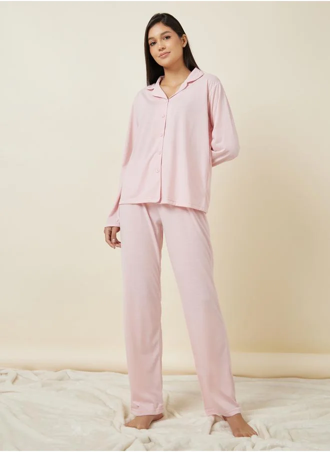 Styli Styli Long Sleeve Jersey Button Through Shirt and Pyjama Set