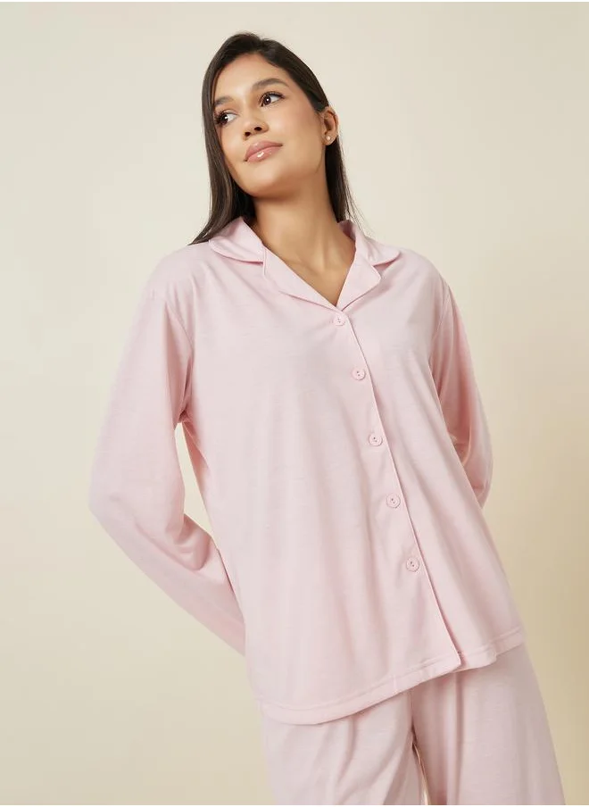 Styli Styli Long Sleeve Jersey Button Through Shirt and Pyjama Set