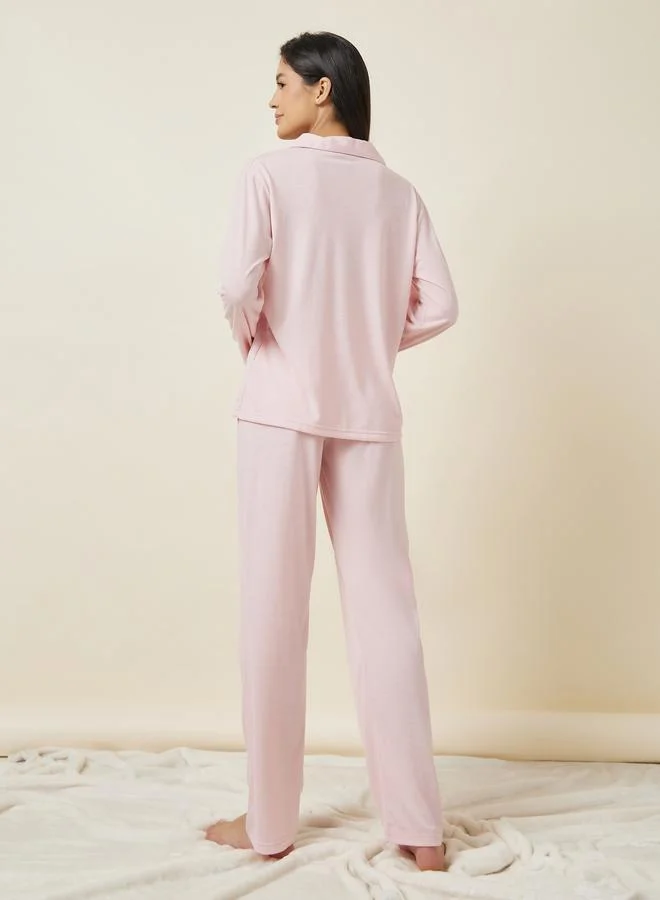 Styli Long Sleeve Jersey Button Through Shirt and Pyjama Set