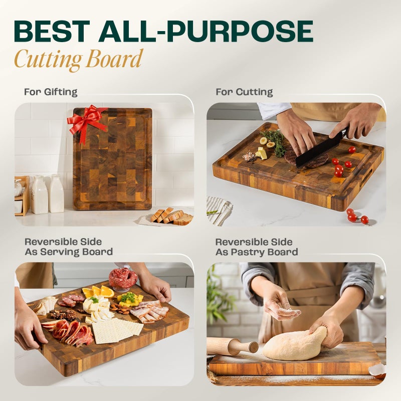 Yes4All Durable Acacia Cutting Boards for Kitchen, [17''Lx13''Wx1.5â€ Thick] Medium End Grain Cutting Board, Pre Oiled Wood Cutting Boards, Thick Chopping Board w/Juice Grooves and Easy Grip Handle - Image 5