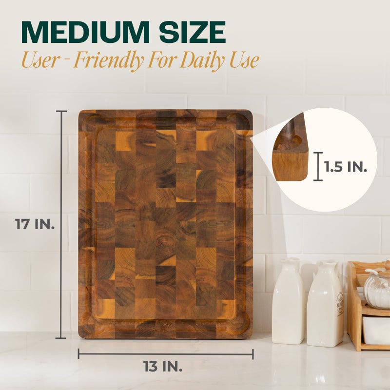 Yes4All Durable Acacia Cutting Boards for Kitchen, [17''Lx13''Wx1.5â€ Thick] Medium End Grain Cutting Board, Pre Oiled Wood Cutting Boards, Thick Chopping Board w/Juice Grooves and Easy Grip Handle - Image 3