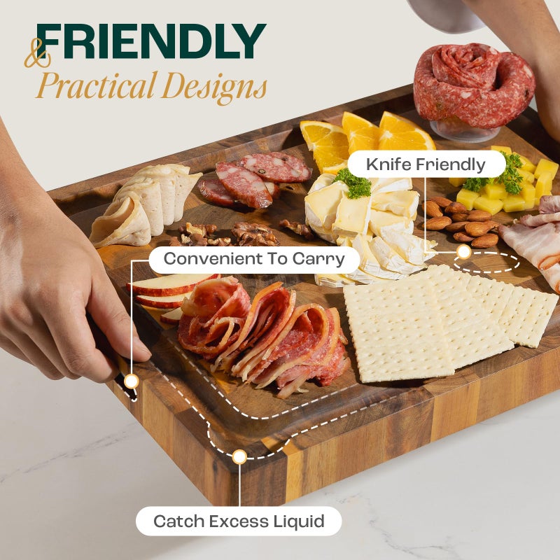 Yes4All Durable Acacia Cutting Boards for Kitchen, [17''Lx13''Wx1.5â€ Thick] Medium End Grain Cutting Board, Pre Oiled Wood Cutting Boards, Thick Chopping Board w/Juice Grooves and Easy Grip Handle - Image 4