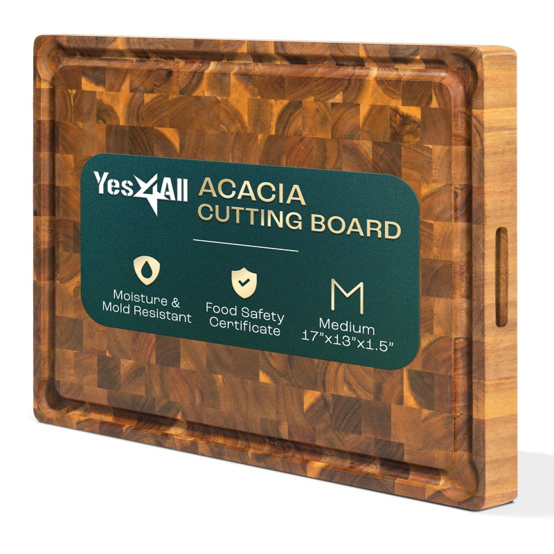 Yes4All Durable Acacia Cutting Boards for Kitchen, [17''Lx13''Wx1.5â€ Thick] Medium End Grain Cutting Board, Pre Oiled Wood Cutting Boards, Thick Chopping Board w/Juice Grooves and Easy Grip Handle - Image 1