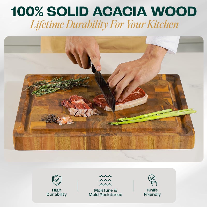 Yes4All Durable Acacia Cutting Boards for Kitchen, [17''Lx13''Wx1.5â€ Thick] Medium End Grain Cutting Board, Pre Oiled Wood Cutting Boards, Thick Chopping Board w/Juice Grooves and Easy Grip Handle - Image 2