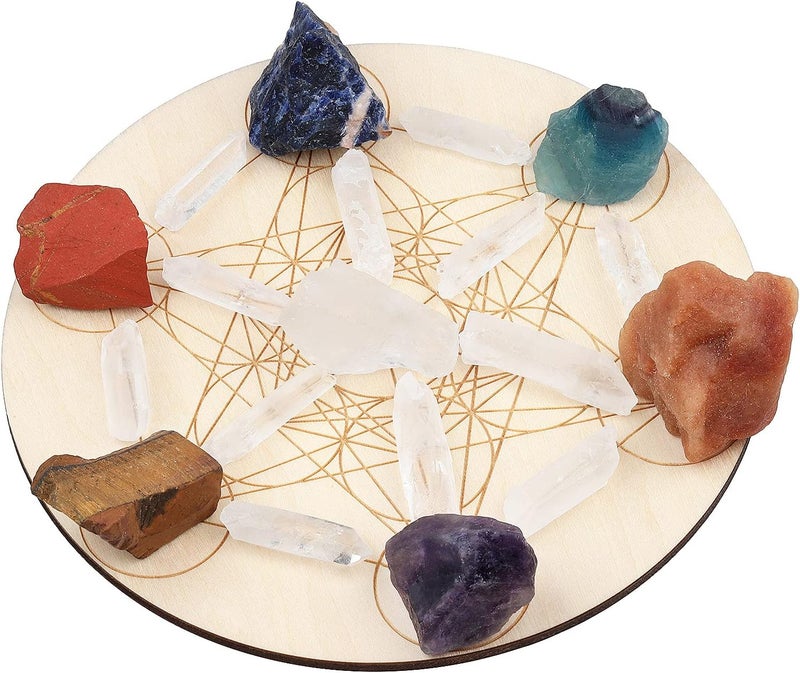 mookaitedecor شبكة بلورات الشفاء من موكيتيديكور مع هندسة متاترون المقدسة الخشبية، أحجار الشاكرا الخام ونقطة بلورة الصخور، مجموعة مذبح التأمل للمبتدئين