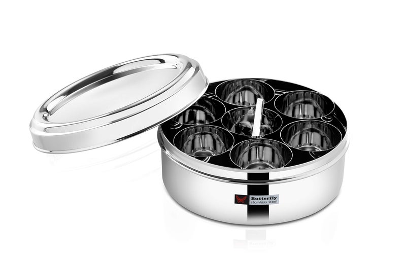 Butterfly Stainless Steel Spice Box Masala Dabba with Glass lid with 7 Container and Spoon Set, No.2 Medium, 350 ml, Silver - Image 3