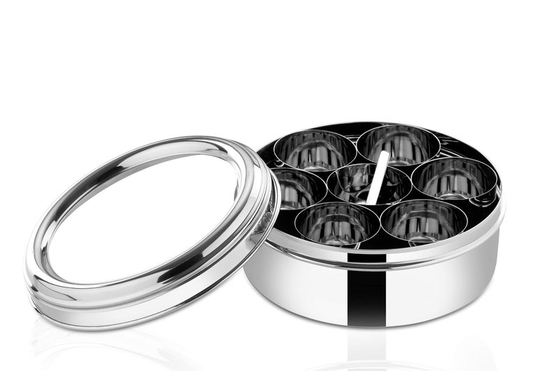 Butterfly Stainless Steel Spice Box Masala Dabba with Glass lid with 7 Container and Spoon Set, No.2 Medium, 350 ml, Silver - Image 1