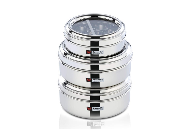 Butterfly Stainless Steel Spice Box Masala Dabba with Glass lid with 7 Container and Spoon Set, No.2 Medium, 350 ml, Silver - Image 4