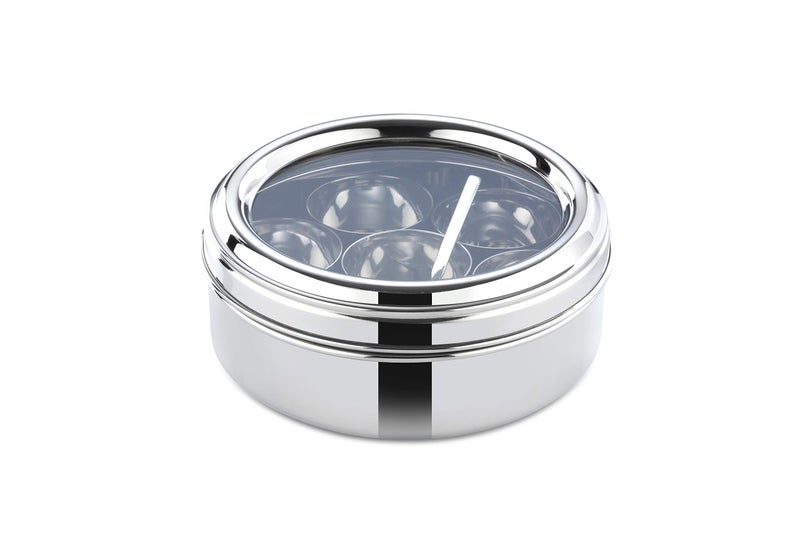 Butterfly Stainless Steel Spice Box Masala Dabba with Glass lid with 7 Container and Spoon Set, No.2 Medium, 350 ml, Silver - Image 2