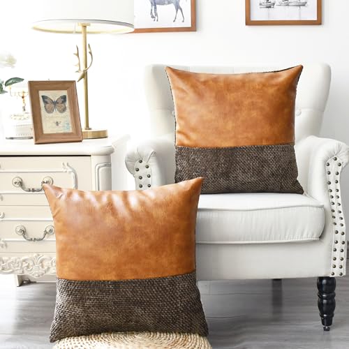 CaliTime Throw Pillow Covers Pack of 2 Soft Faux Leather Solid Dyed Cross Chenille Cushion Cases for Couch Sofa Home Decoration 16 X 16 Inches Brown - Image 3