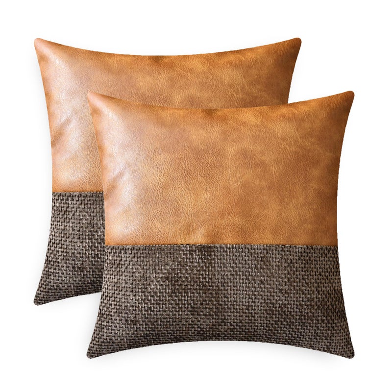 CaliTime Throw Pillow Covers Pack of 2 Soft Faux Leather Solid Dyed Cross Chenille Cushion Cases for Couch Sofa Home Decoration 16 X 16 Inches Brown - Image 2