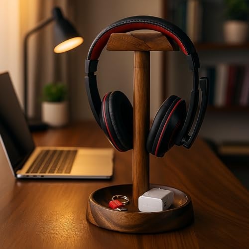 WRIGHTMART Wooden Headphone Stand with Tray – Solid Acacia Headset Holder for Desk Organization, Universal Fit for Sony, Bose, Beats, Gaming Headsets & Controllers - Image 3
