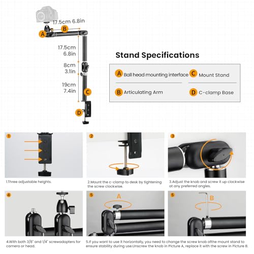 TARION Overhead Camera Desk Mount - 360° Flexible Articulating Arm with 3/8'' Screw and 1/4'' Screw Ballhead for DSLR SLR Mirrorless Cameras Projector Ring Light TKA01-M (3 Sections) - Image 5