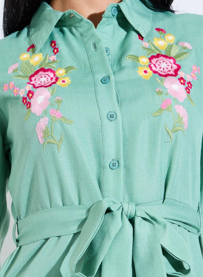 Styli Green Embroidered 3/4 Sleeves Shirt Midi Dress - Image 4